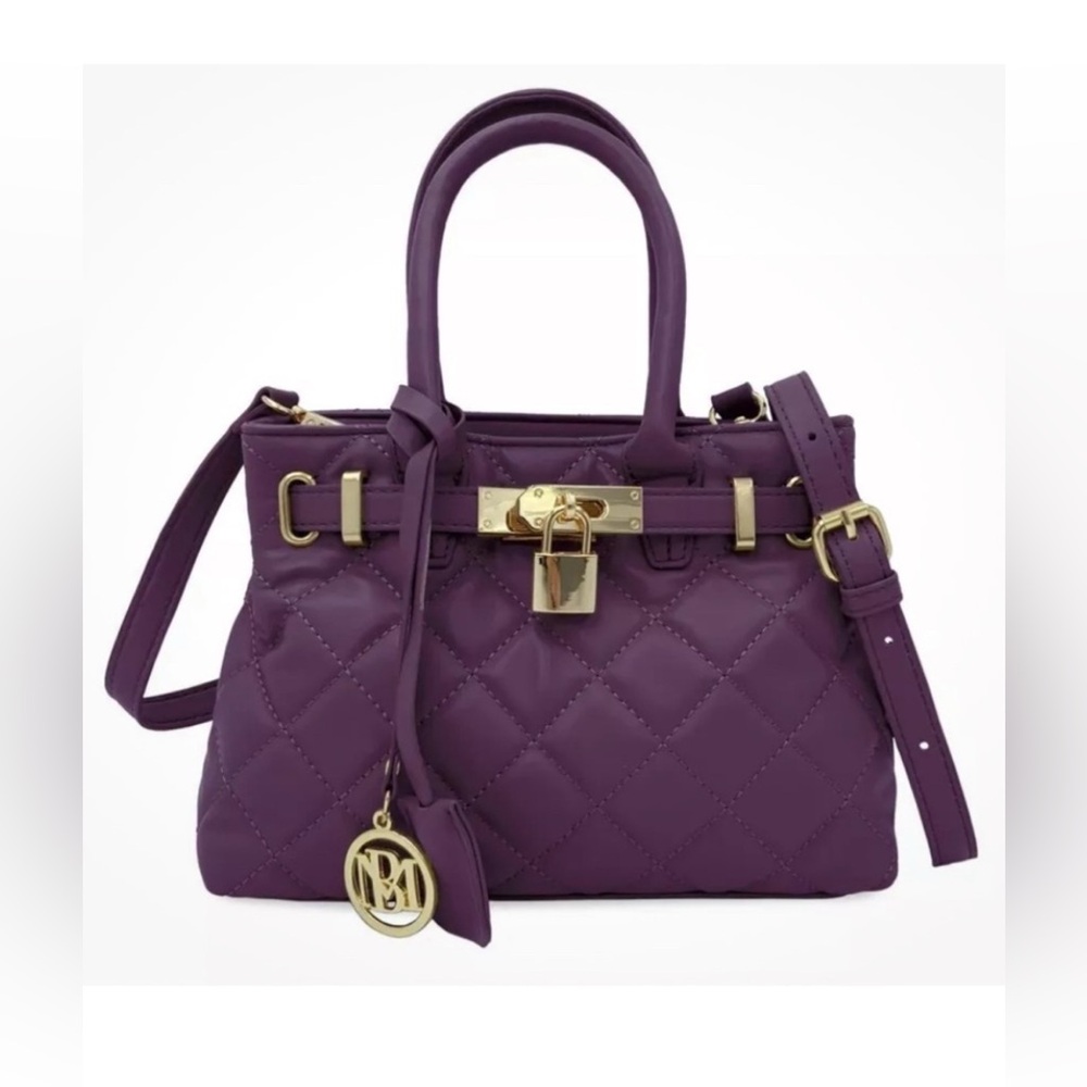 Badgley Mischka Plum Quilted Shoulder Bag with Gold Accents and Lock
